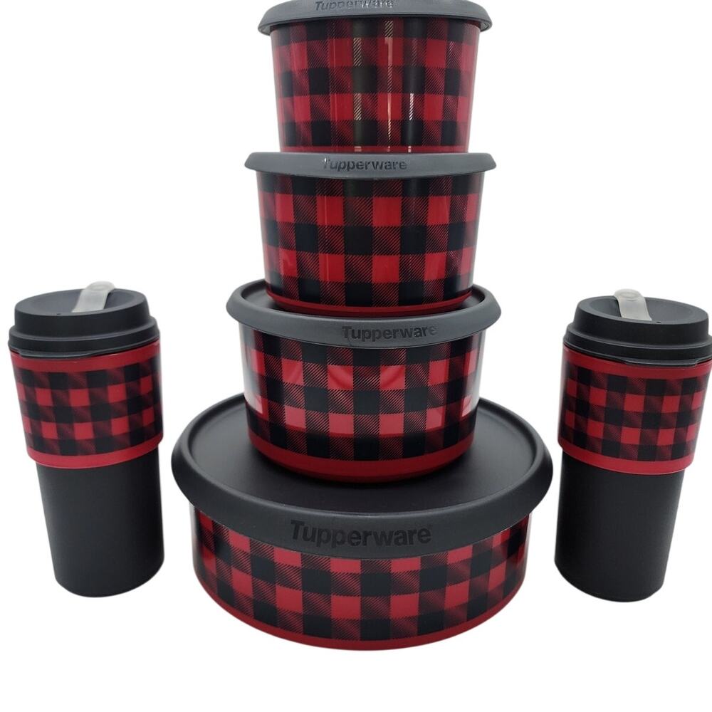 Tupperware Red Black Holiday Buffallo-Plaid Canisters and Eco To-Go Travel Cups